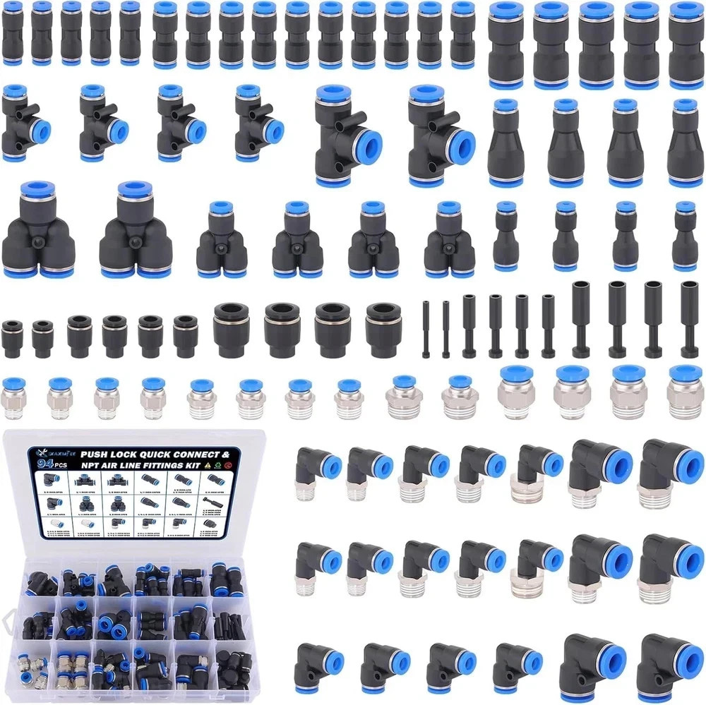 94 Pcs Quick Connect Air Line Fittings Kit Pneumatic Push Lock & NPT Fittings