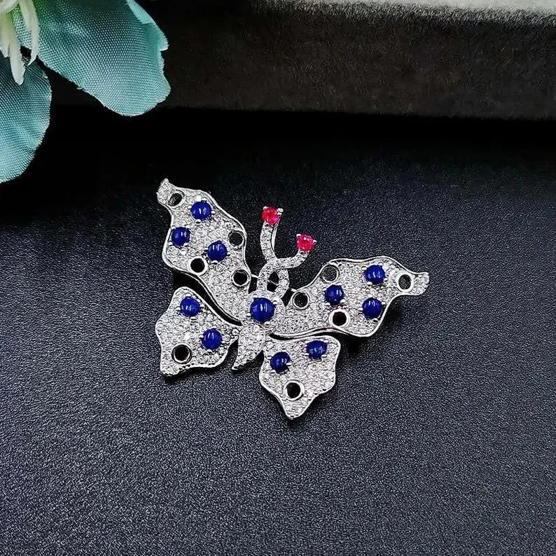 Lapis Lazuli, Ruby & Diamond Luxury Butterfly Brooch Pin 14K White Gold Over 1PC