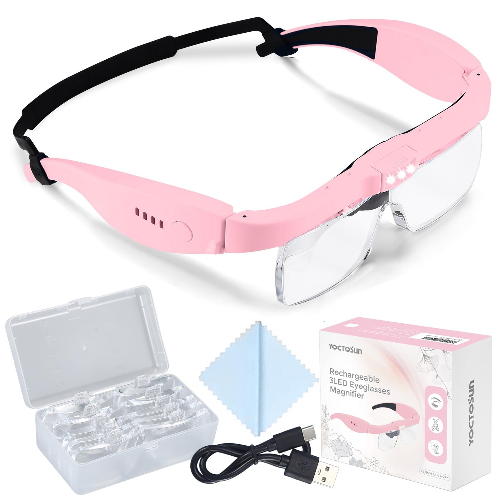 YOCTOSUN Magnifying Glasses with Light, Rechargeable Headset Pink 