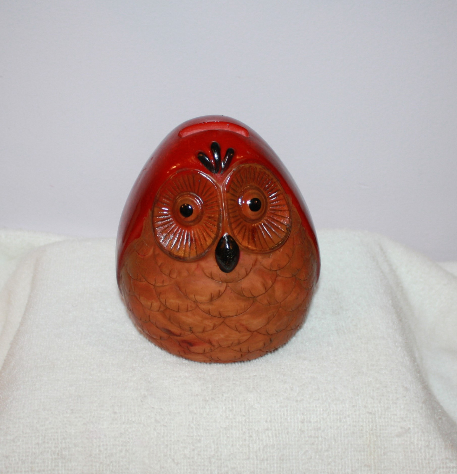 Red w Brown Owl Piggy Bank Owl Coin Bank Owl Piggy Bank  5" H