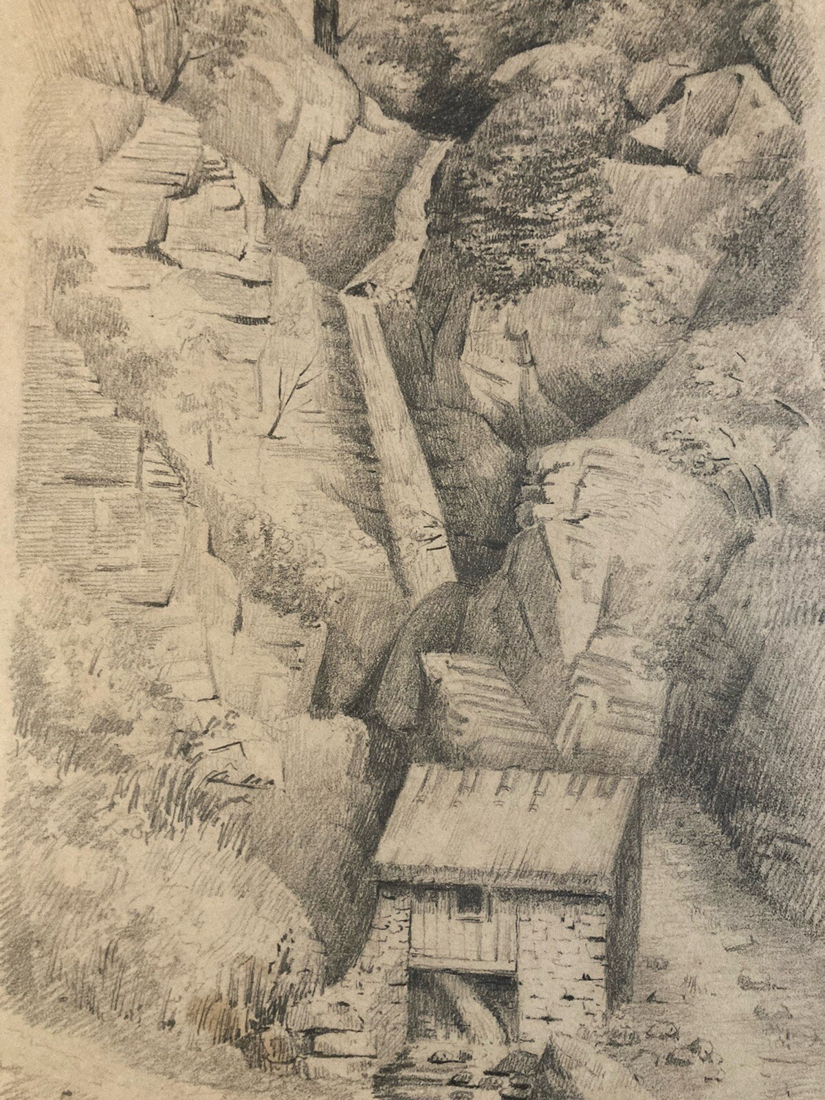 beau Dessin Cascade Pyrenees XIXe mine De Plomb Arbre Eau Moulin Paysage Art