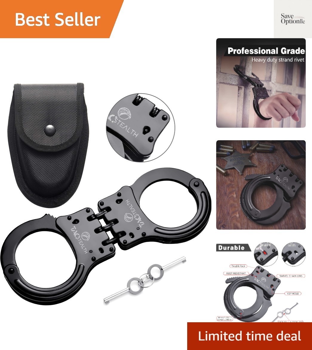 Double Lock Hinged Handcuffs with Two Keys & Case | Heavy Duty Black Steel Pr...