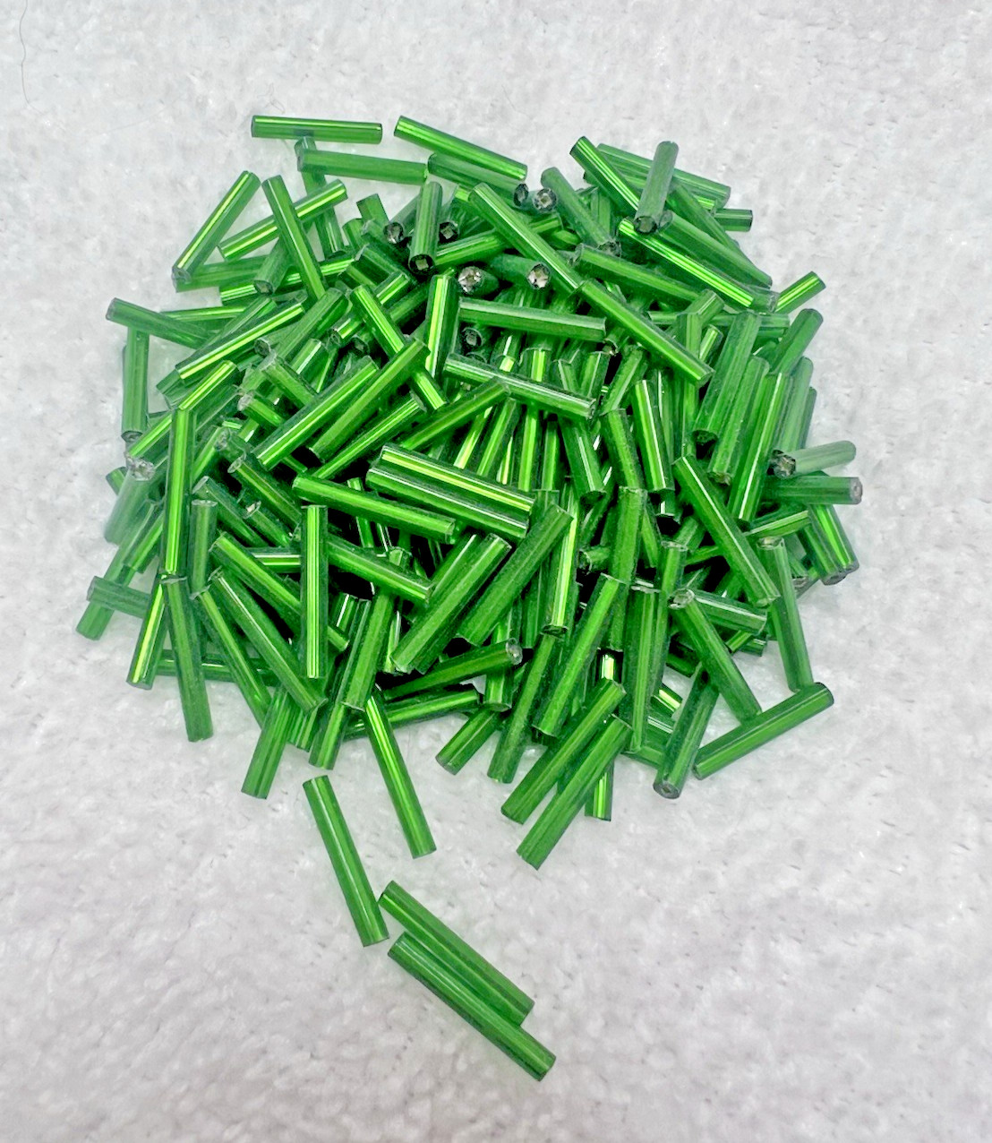100++ Older Bright Green Glass Bugle Beads 1/2-5/8" Long