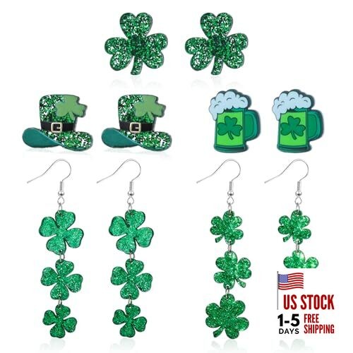 4 Pairs St. Patrick's Day Earrings for Women, Green Shamrock and Leprechaun 