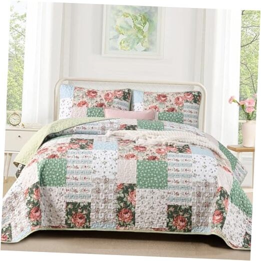  3 Pieces Patchwork Quilt Set Size, Bohemian Red Flower Plaid Queen Green