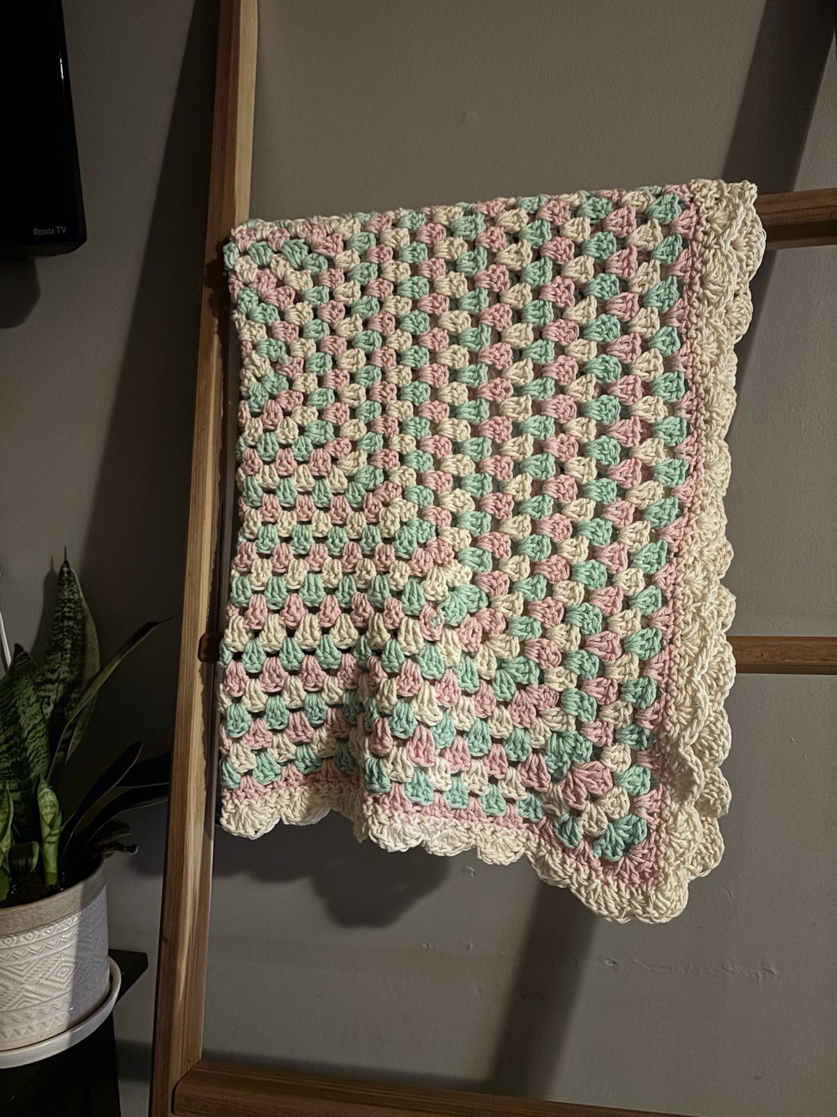 Handmade Vintage Look Crochet Granny Square Baby Blanket Pink Green White