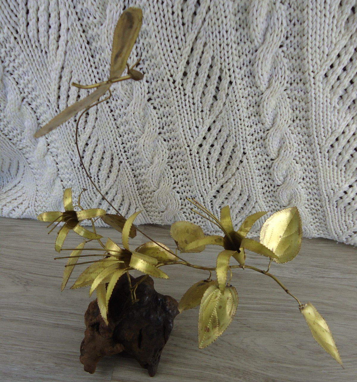 Metal Lilly Flowers Dragonfly Driftwood Brutalist Whimsical Nature Art MCM Funky
