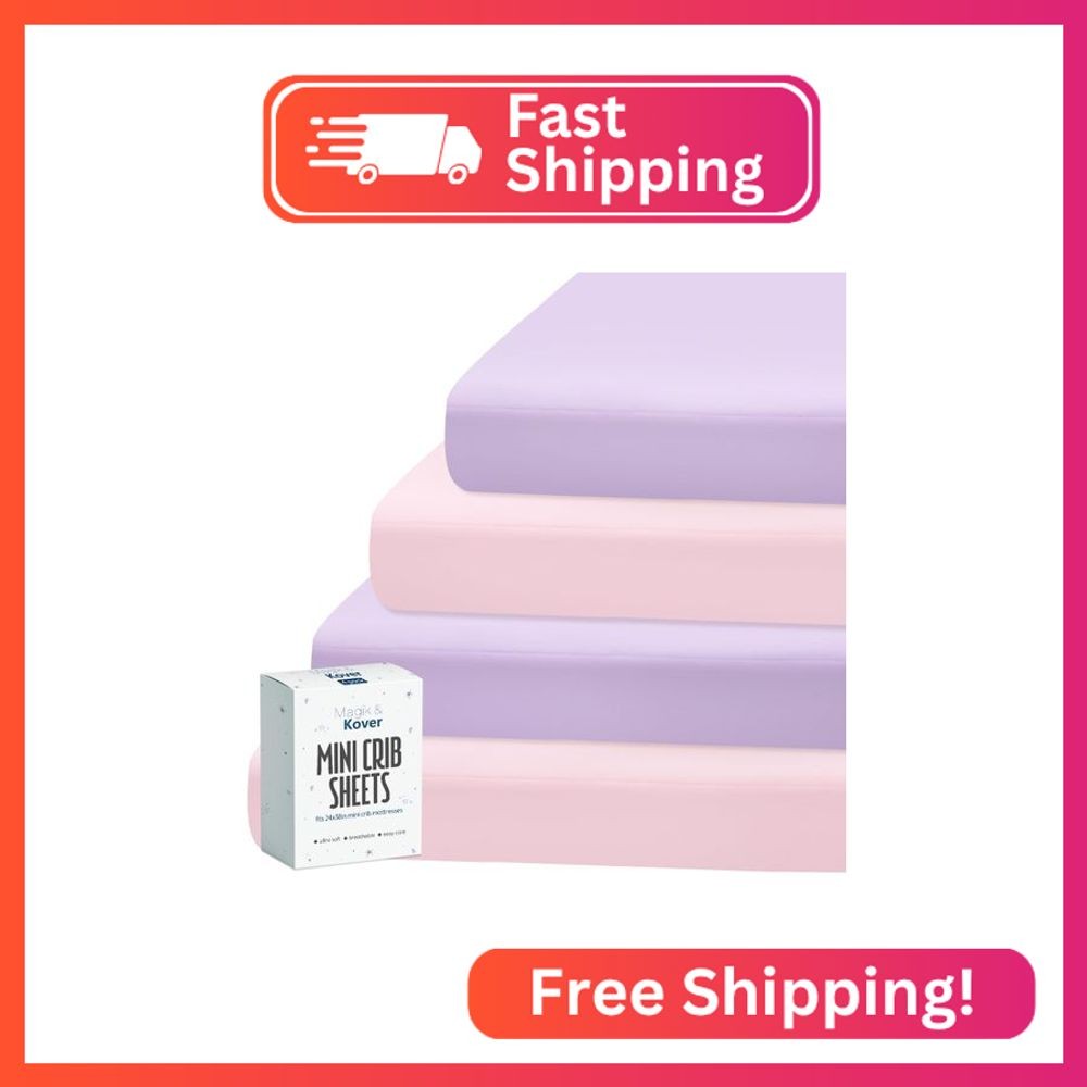 Magik & Kover Mini Crib Sheets Girl 4 Pack, Baby Crib Sheet for Mini Crib Mattre