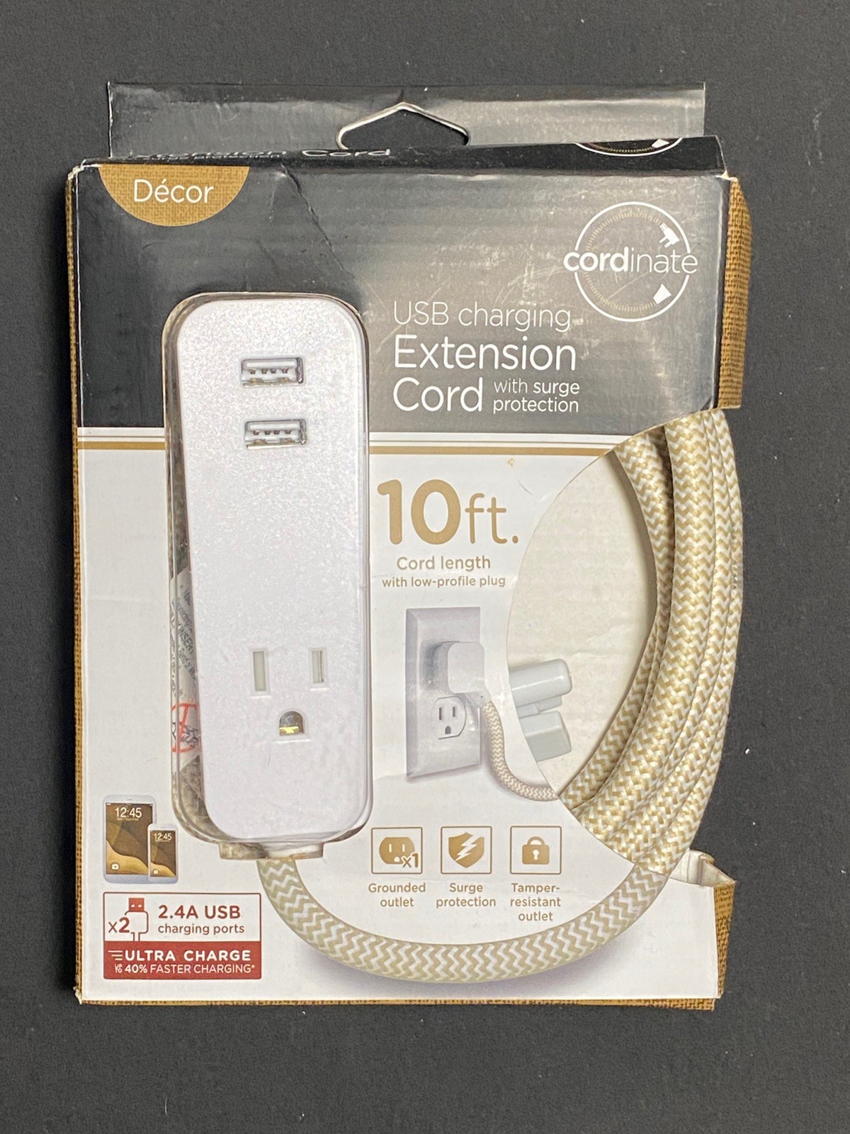 10 Foot Extension Cord USB Charging 2.4A Charging Ports by Cordinate- White NEW