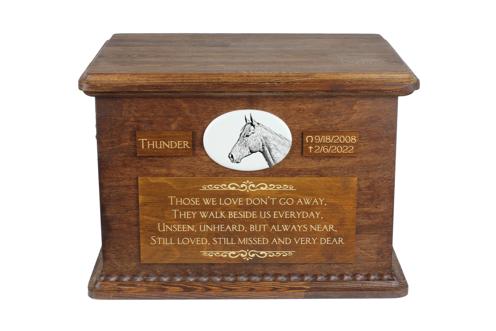 Holsteiner Horse Wooden Urn With A Standing Statue Art-Dog