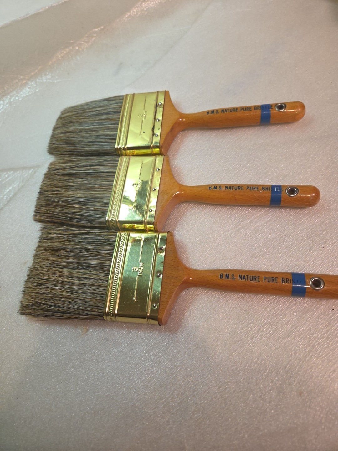 3 - VINTAGE L MATHER B.M.S. 3 INCH  ALL NATURE  PURE BRISTLE PAINT BRUSHES 