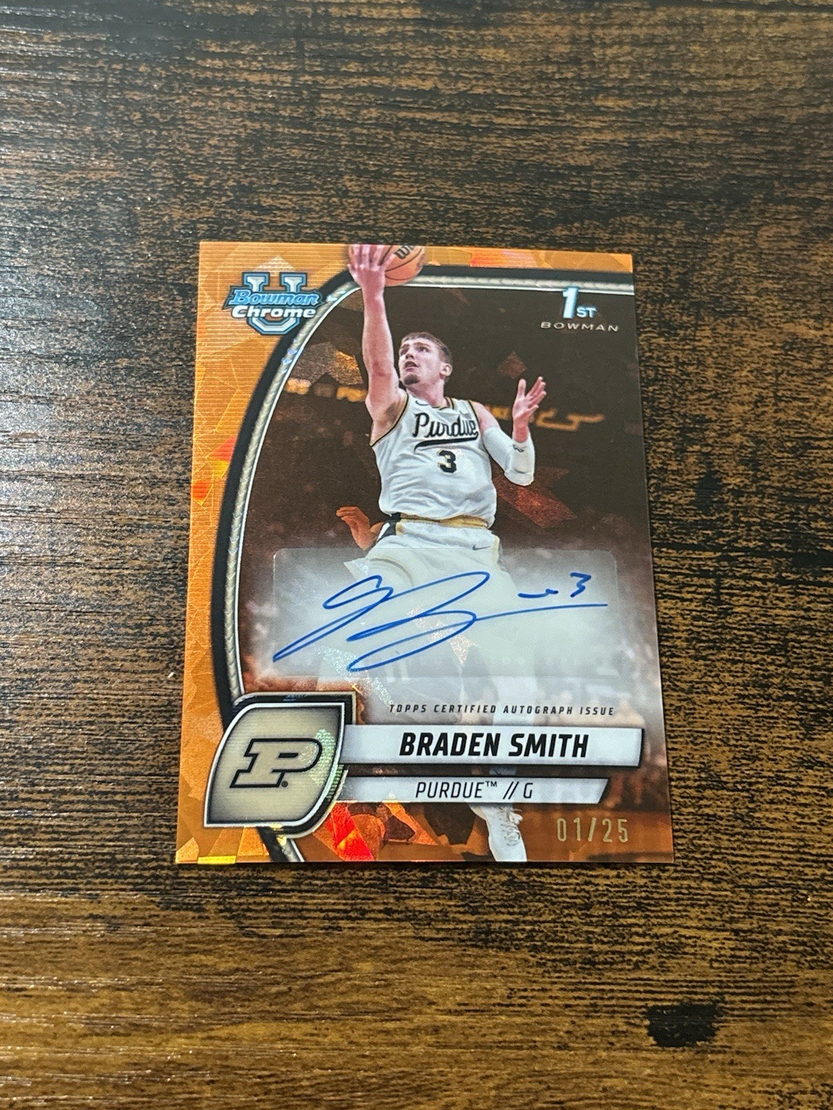 BRADEN SMITH 2024-25 BOWMAN U CHROME 1ST SAPPHIRE ORANGE AUTO /25 PURDUE