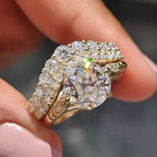 Beautiful Round Cut Lab Created Diamond 14K Yellow Gold FN Wedding Band Ring Set