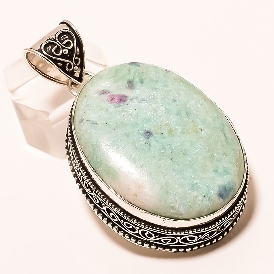 Ruby In Fuchsite Gemstone 925 Sterling Silver Vintage Style Pendant 2.17" A539