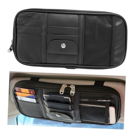 Car Sun Visor Organizer, Double Zipper Leather Visor Storage Pouch with Black