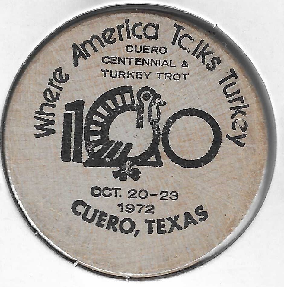 1972, Cuero, Texas, Centennial & Turkey Trot, Token, Indian Head Wooden Nickel