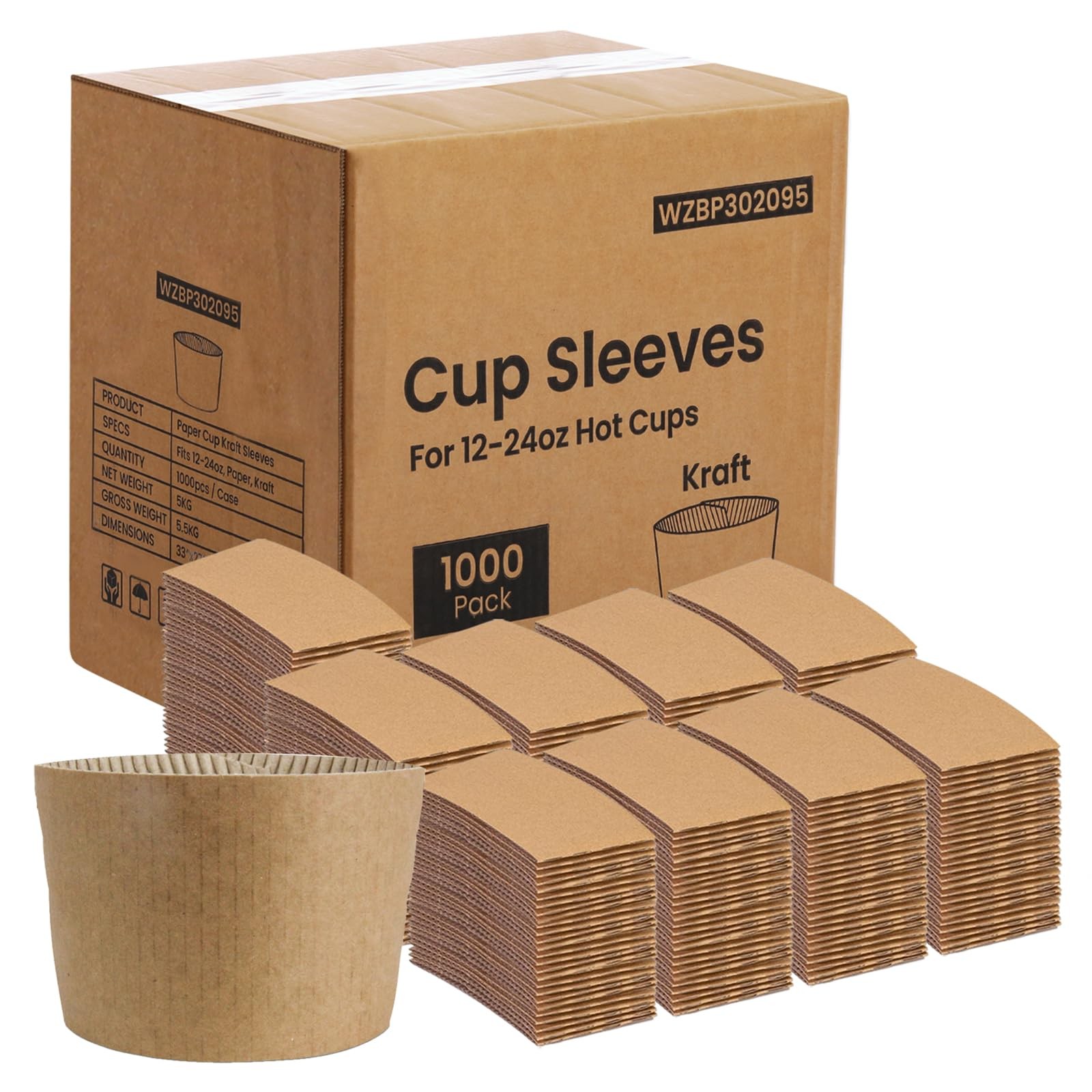 FMP Brands [1000 Pack] Kraft Coffee Cup Sleeves 12-24 oz, Brown 