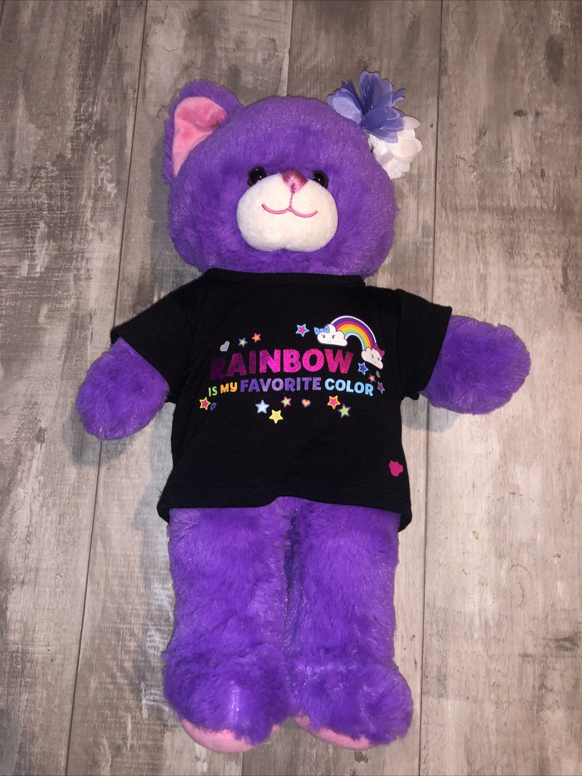 Build a Bear BAB Purple Pink Sparkle Cat Stuffed Plush Rainbow Shirt & Hair
