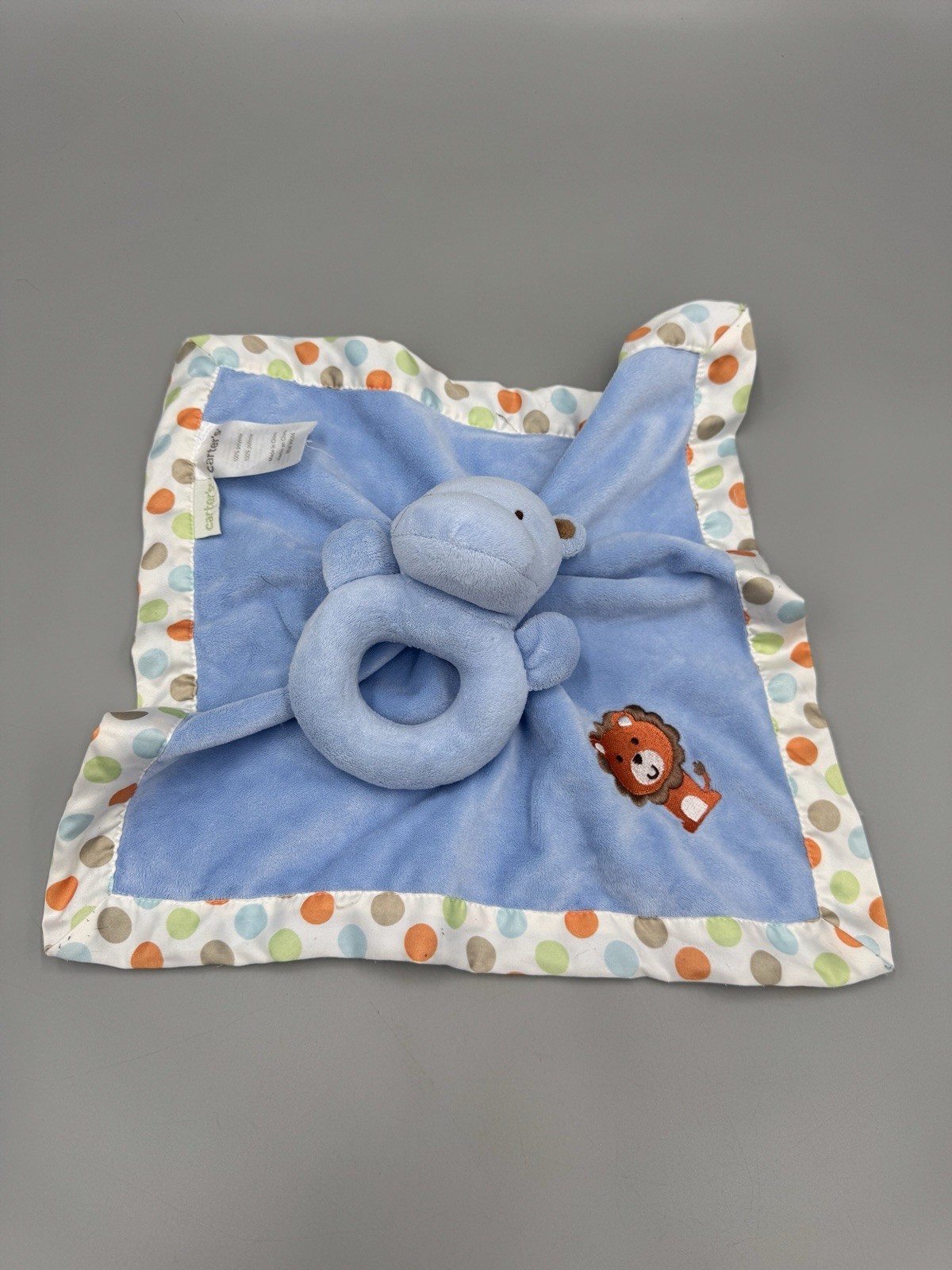 Carters Hippo Rattle Plush W/ Lion Lovey Blue Security Blanket