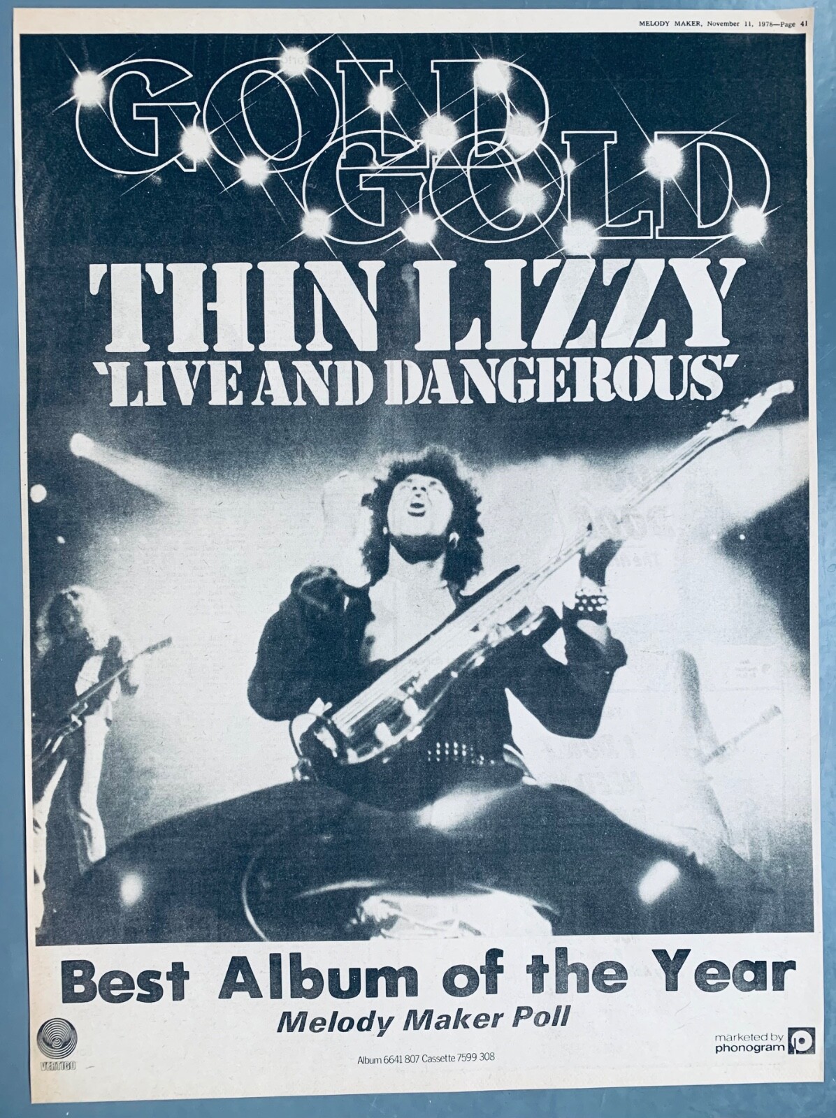 THIN LIZZY 1978 vintage POSTER ADVERT LIVE AND DANGEROUS Double Gold PHIL LYNOTT