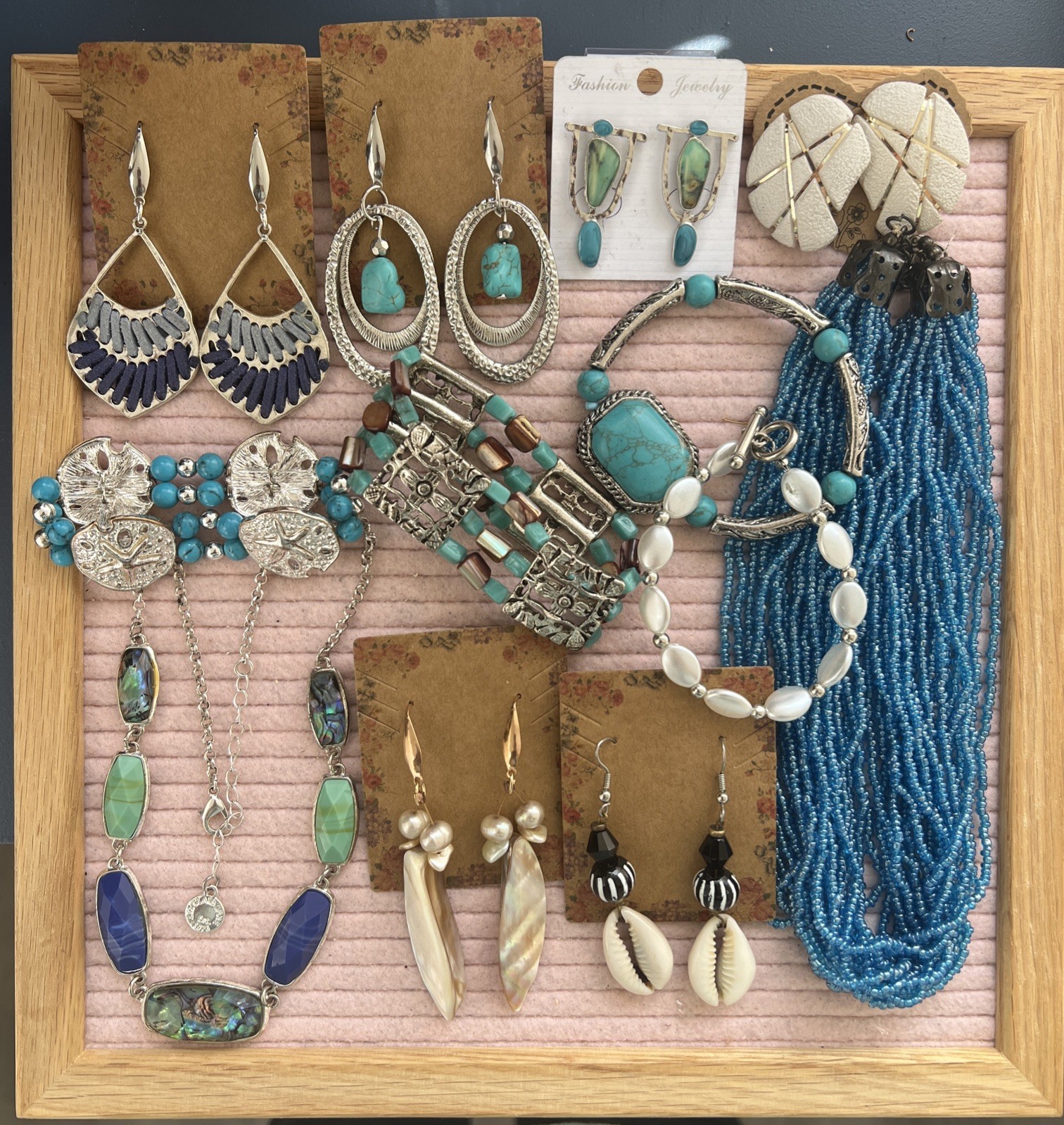 Vintage Boho Beach Jewelry Lot. Silver Blue. One Signed. Metal Stone Shells #V50