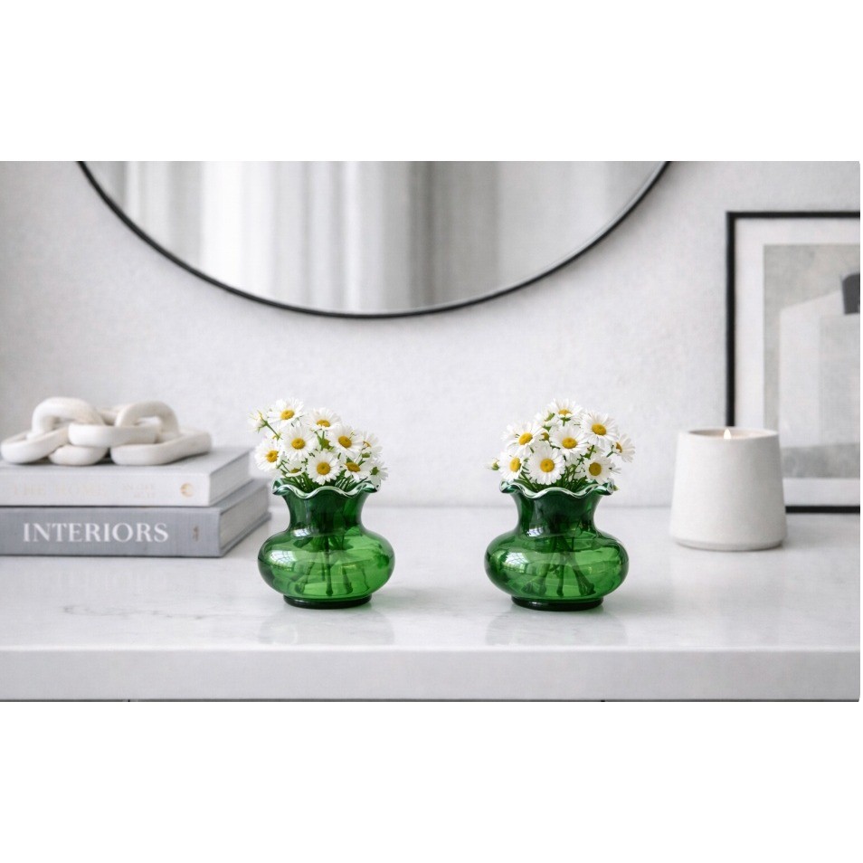 2 Mid Century Forest Green Ruffled Crimped Rim VASES Anchor Hocking 3.5" H