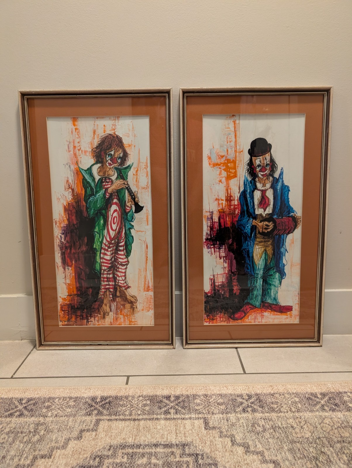 Vintage Signed Clown Paintings Pair Mid Century Expressionist Original Art Frame
