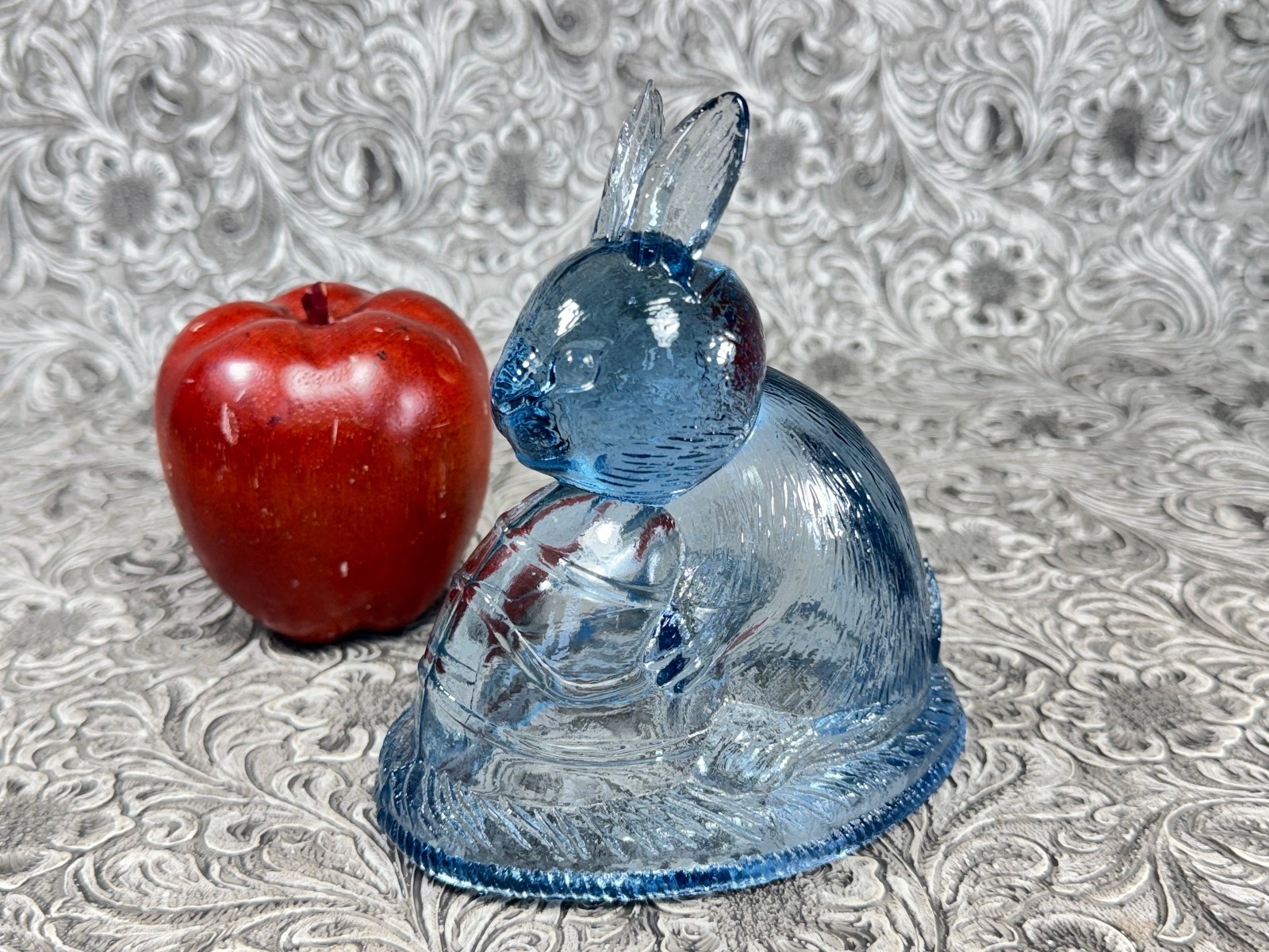 Antique Blue Glass Bunny Rabbit Easter Candy Dish Container Top Only 5"