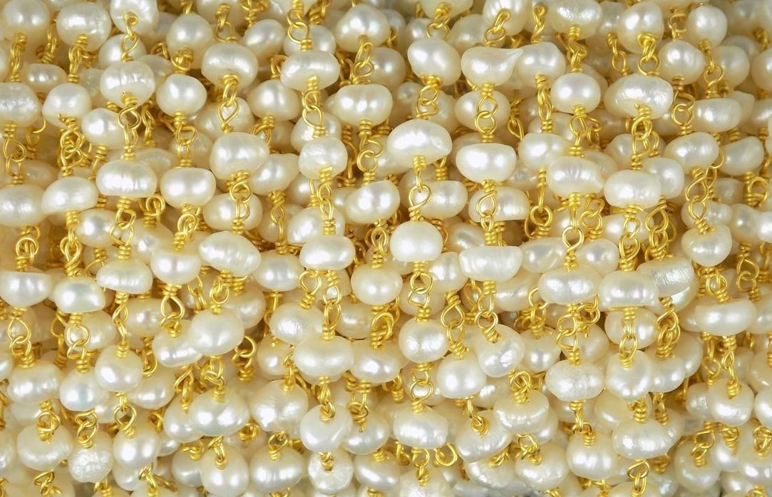 5 Feet Natural Pearl Rondelle 3-4mm/4-4.5mm Beads, Rosary Chain Gold Plated Wire
