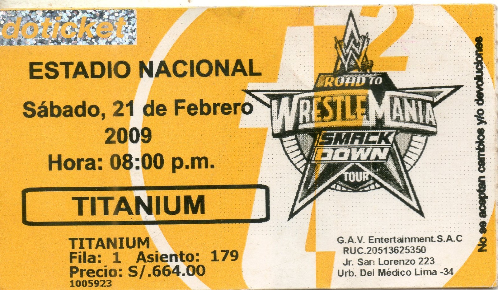 Peruvian Ticket Road To Wrestlemania Smack Down Tour Saturday 21 February 2009