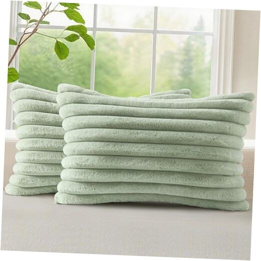  Cozy Faux Fur Throw Pillow Covers 12x20 Set 20" x 12" (Pack of 2) Sage Green