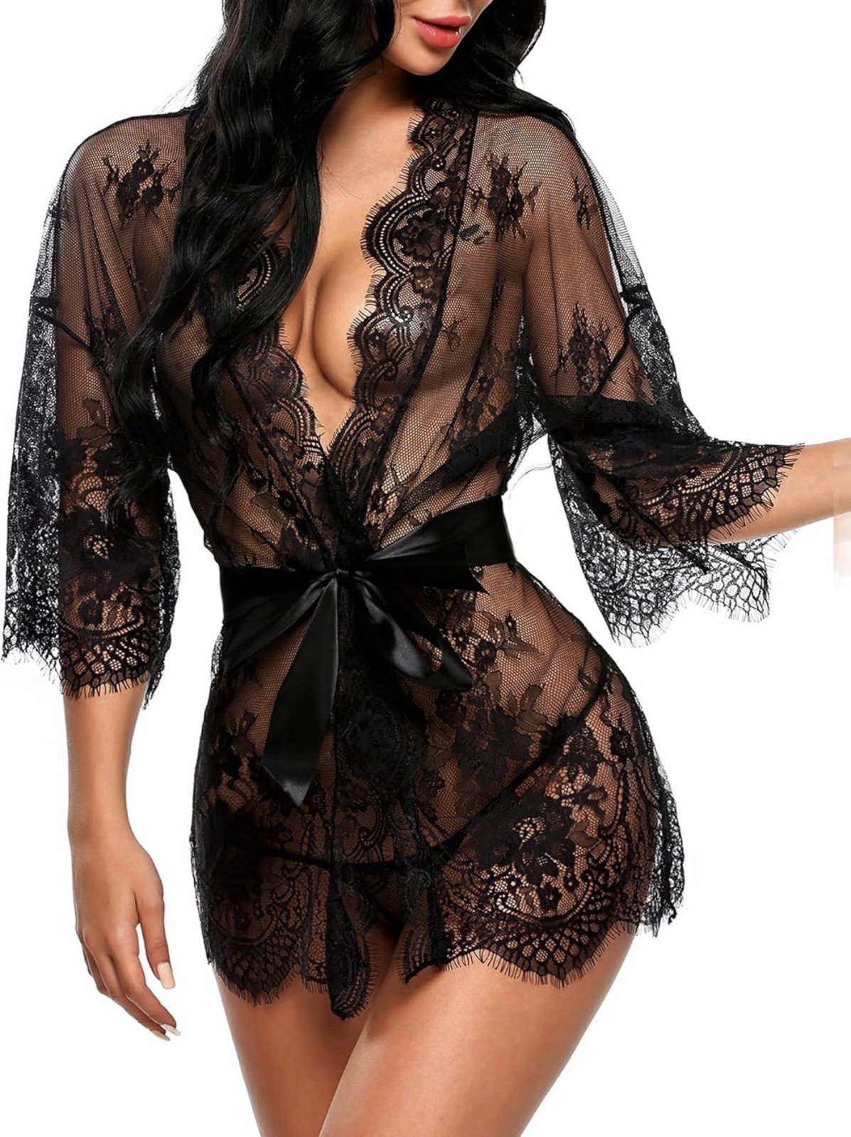Women's Lace Kimono Robe Babydoll Lingerie Mesh Nightgown Size XL