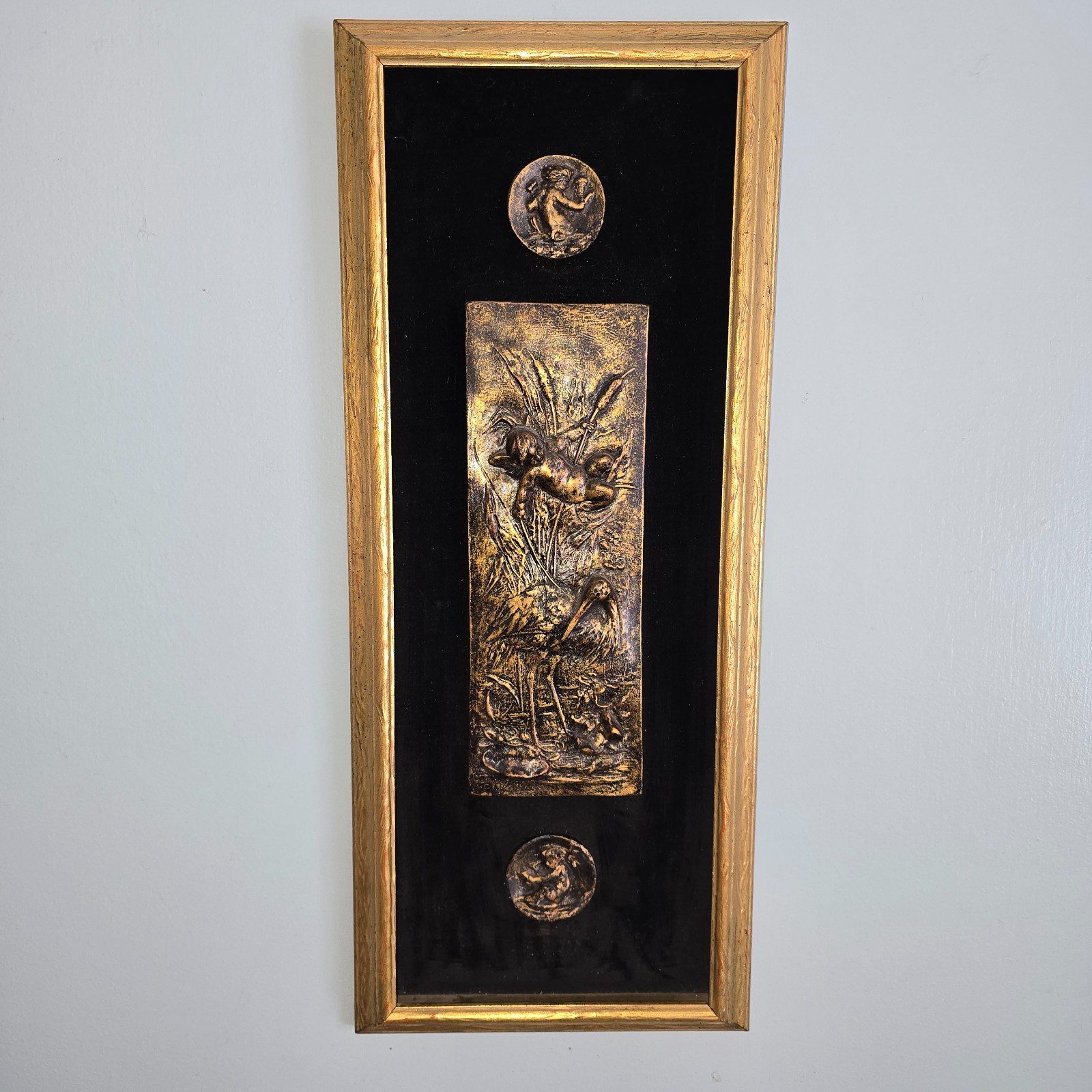 3D Sculptural Wall Art Relief Black Velvet Bronze Tone Neoclassical Greek Myth