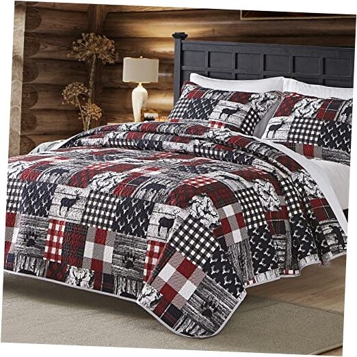Cabin Quilt Set Christmas Rustic Quilt Coverlet Bed Set, 3-Piece Queen Red