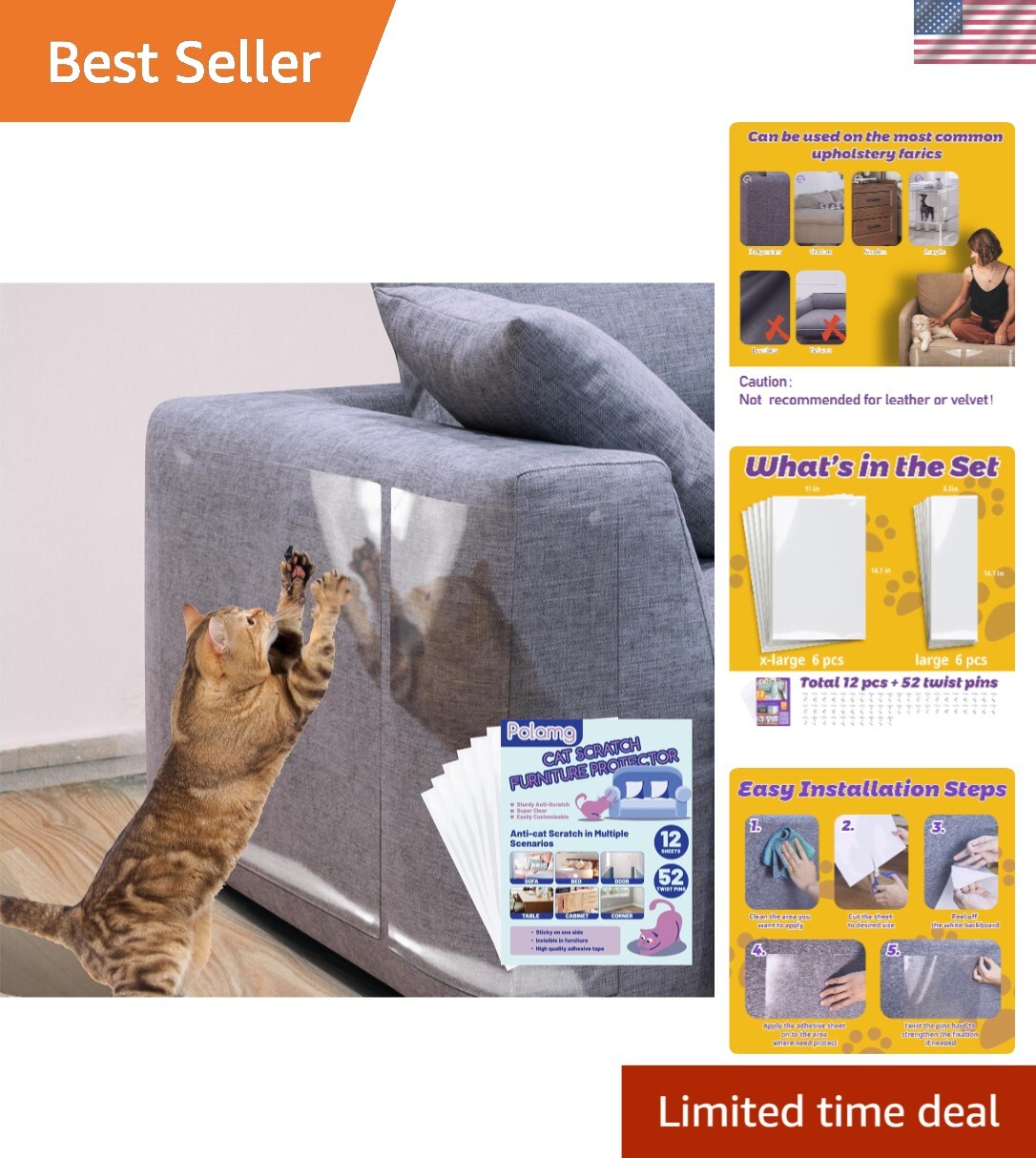 Odorless Cat Furniture Protector - 12-Pack, Thick Anti-Scratch Tape with Pins