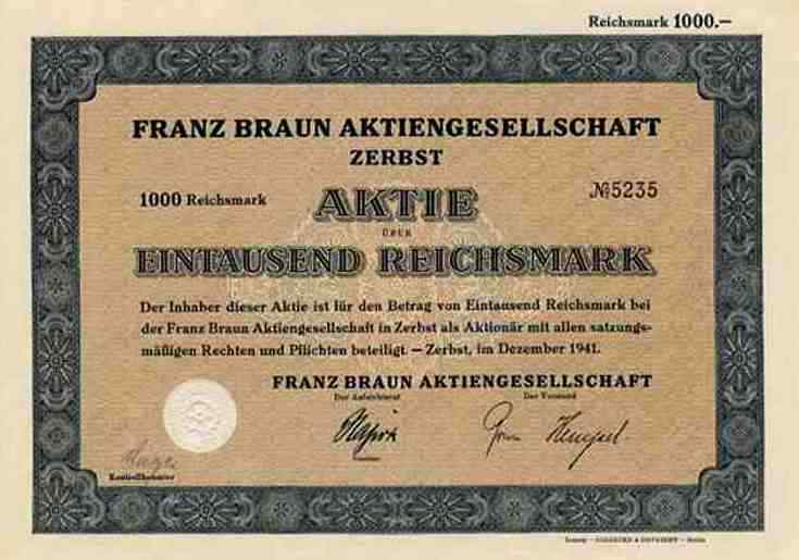 Franz Braun AG 1941 Zerbst Gebr. Böhringer Göppingen Hamburg Hanover 1000 RM