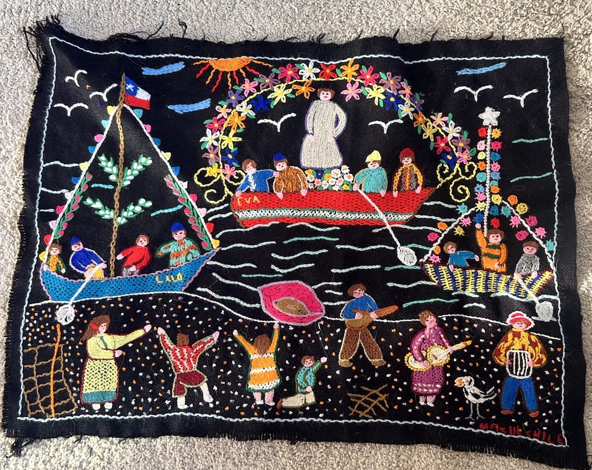 South America Folk Art  Handmade 3D Sewn Textile Tapestry 25” X 18” Boats