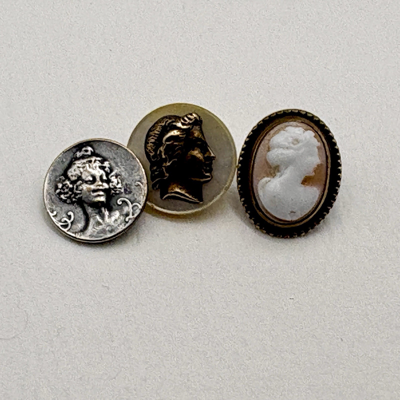 Antique Cameo Buttons Lot 3 Victorian Art Nouveau Glass MOP Brass