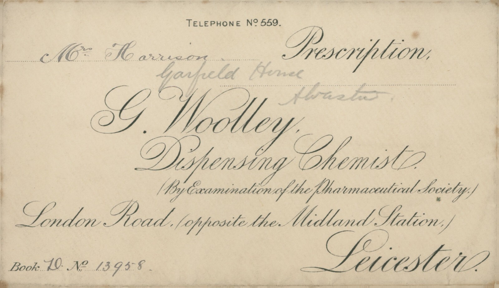 Antique Prescription Envelope G Woolley Chemist Leicester To Mrs Harrison