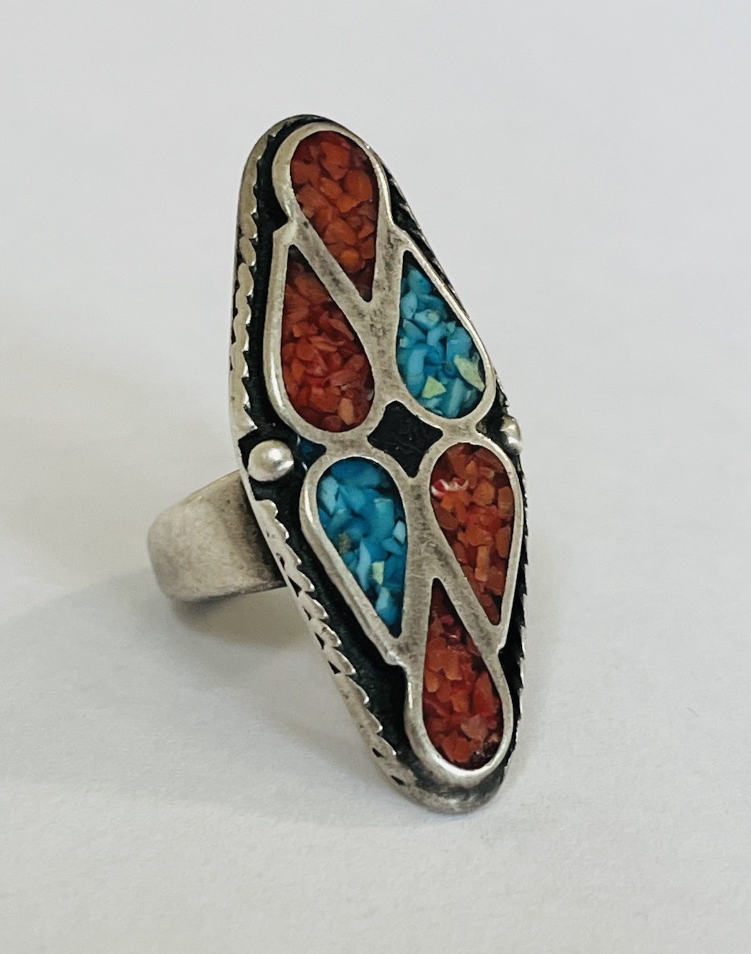 Vintage Navajo Sterling Silver Coral Turquoise Cluster Ring Size 6 10-Grams