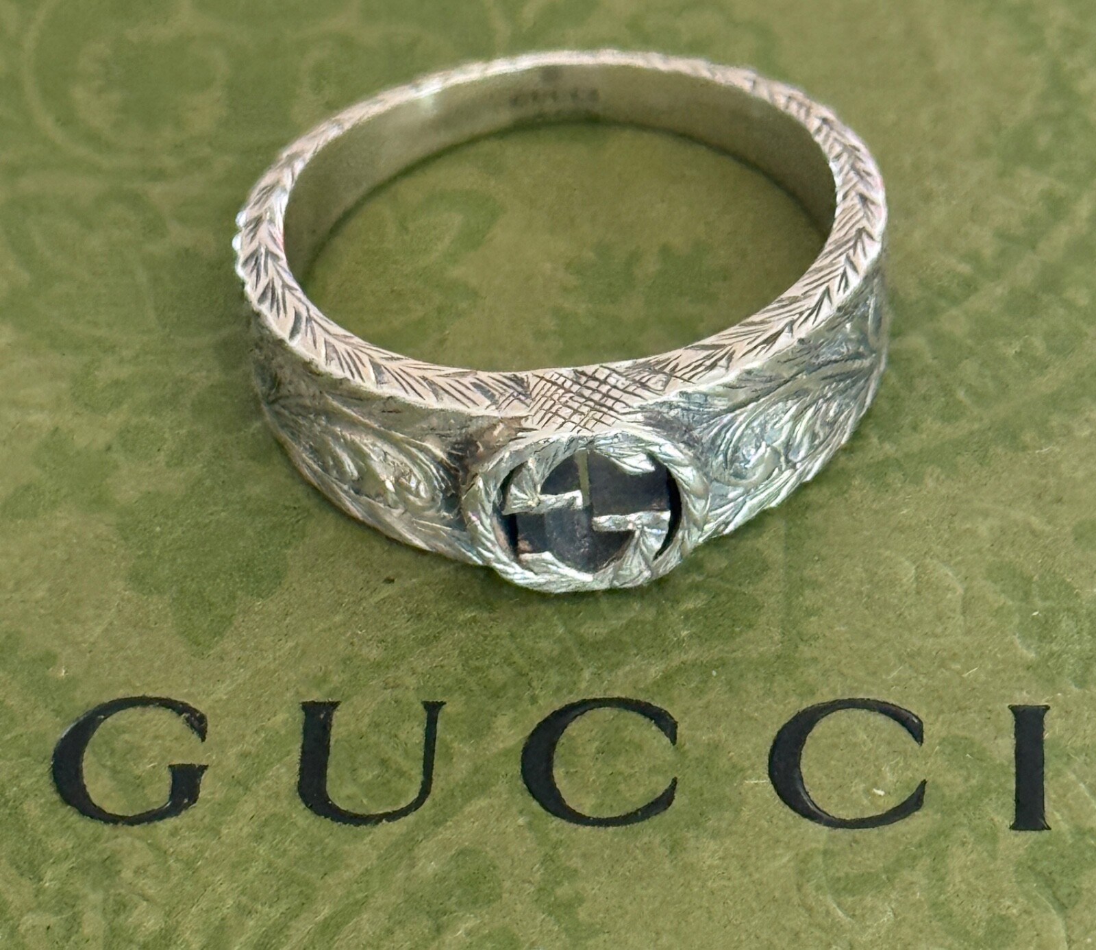 Gucci  Interlocking G Ring Engraved Sterling Silver 925  Size  10  3/4 US