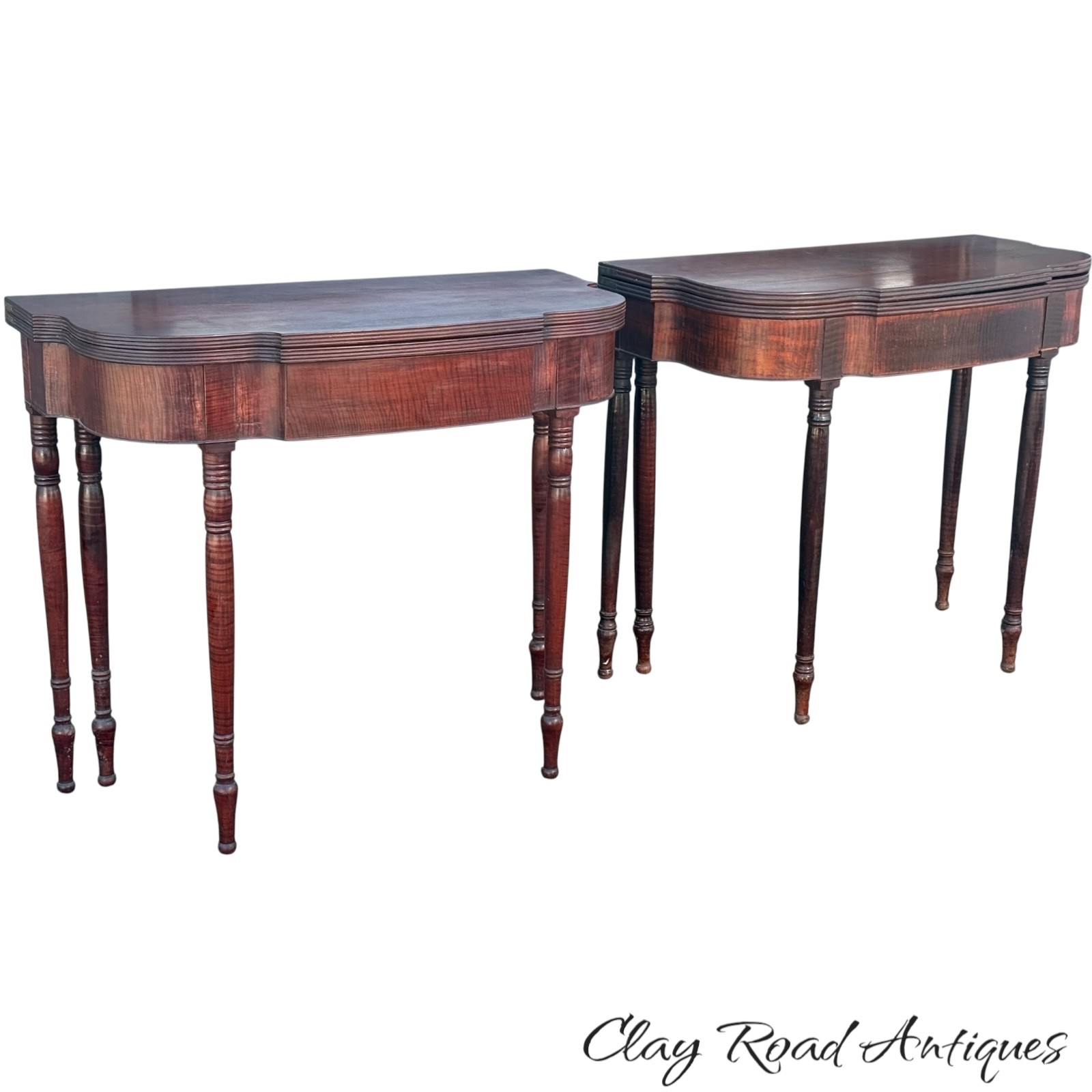 Antique Tiger maple card game table pair NY Sheraton 1820 console hall 5 leg