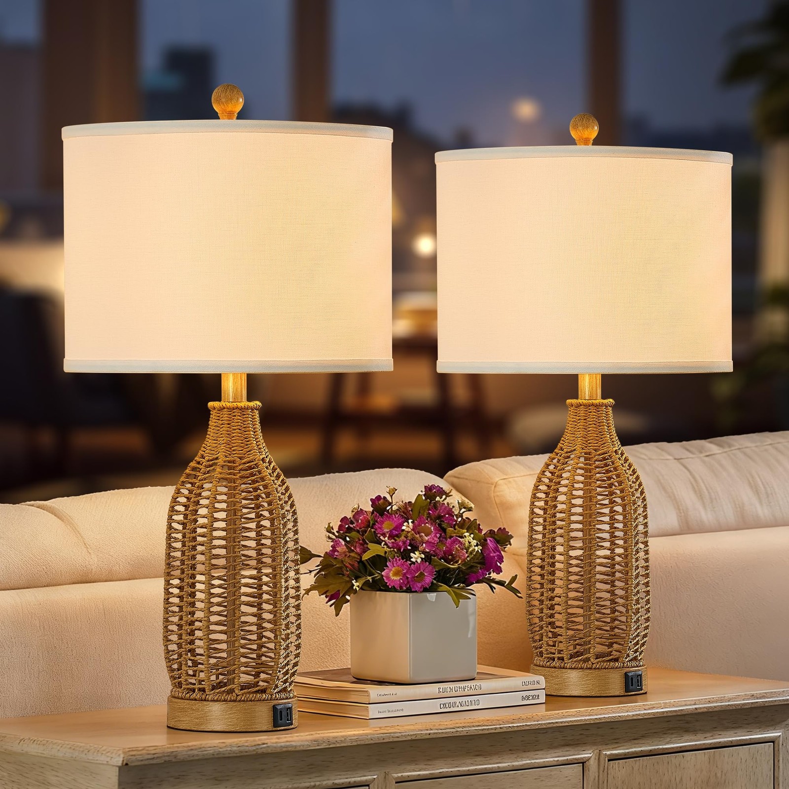 24.5" Rattan Table Lamps Set of 2 with A+C USB Charging Ports, Farmhouse Boho...