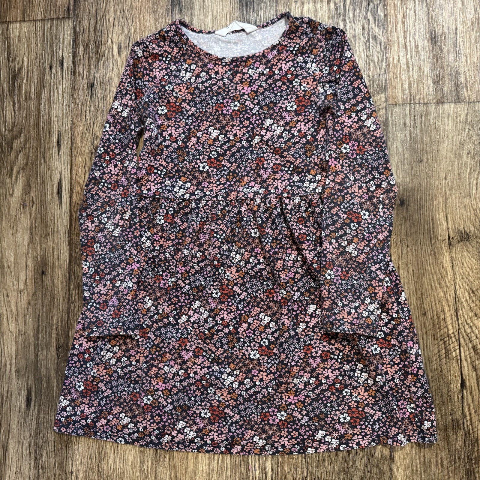 H&M Dress Girls 8-10 Black Pink Floral Long Sleeve Cotton Causal Twirl Dress GUC