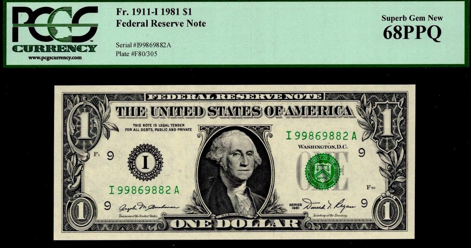 1981 $1 FRN MINNEAPOLIS. FR: 1911-I. PCGS Graded: 68 PPQ.  FANCY S/N.  TOP POP.