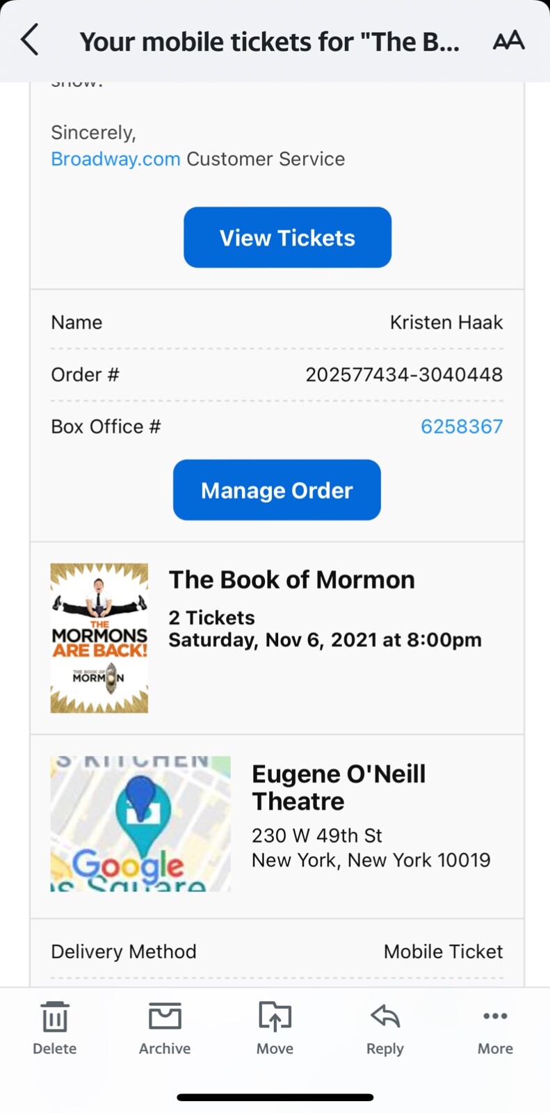Book of Mormon broadway tickets, set of 2, orchestra seats, 11/06/2021, row L