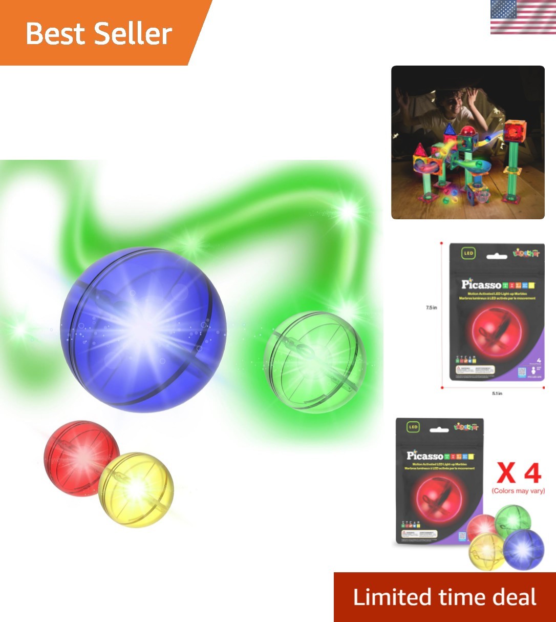 Colorful Motion Activated LED Marbles for Building Block Adventures – 4 Pack