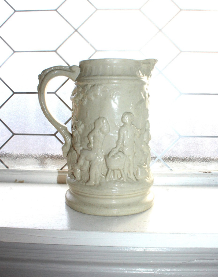 Antique White Stoneware Ale Jug Pitcher with Relief Molded Tavern Scenes