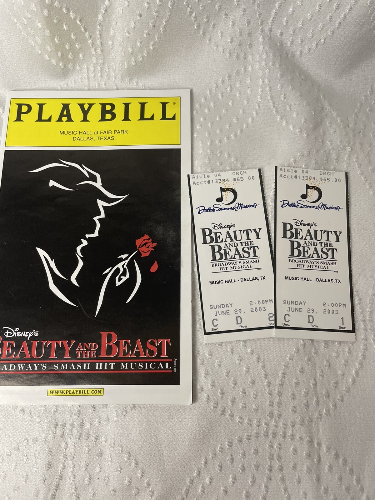 BEAUTY & THE BEAST Playbill Music Hall @ Fair Park Dallas  w/ 2 Ticket 2003