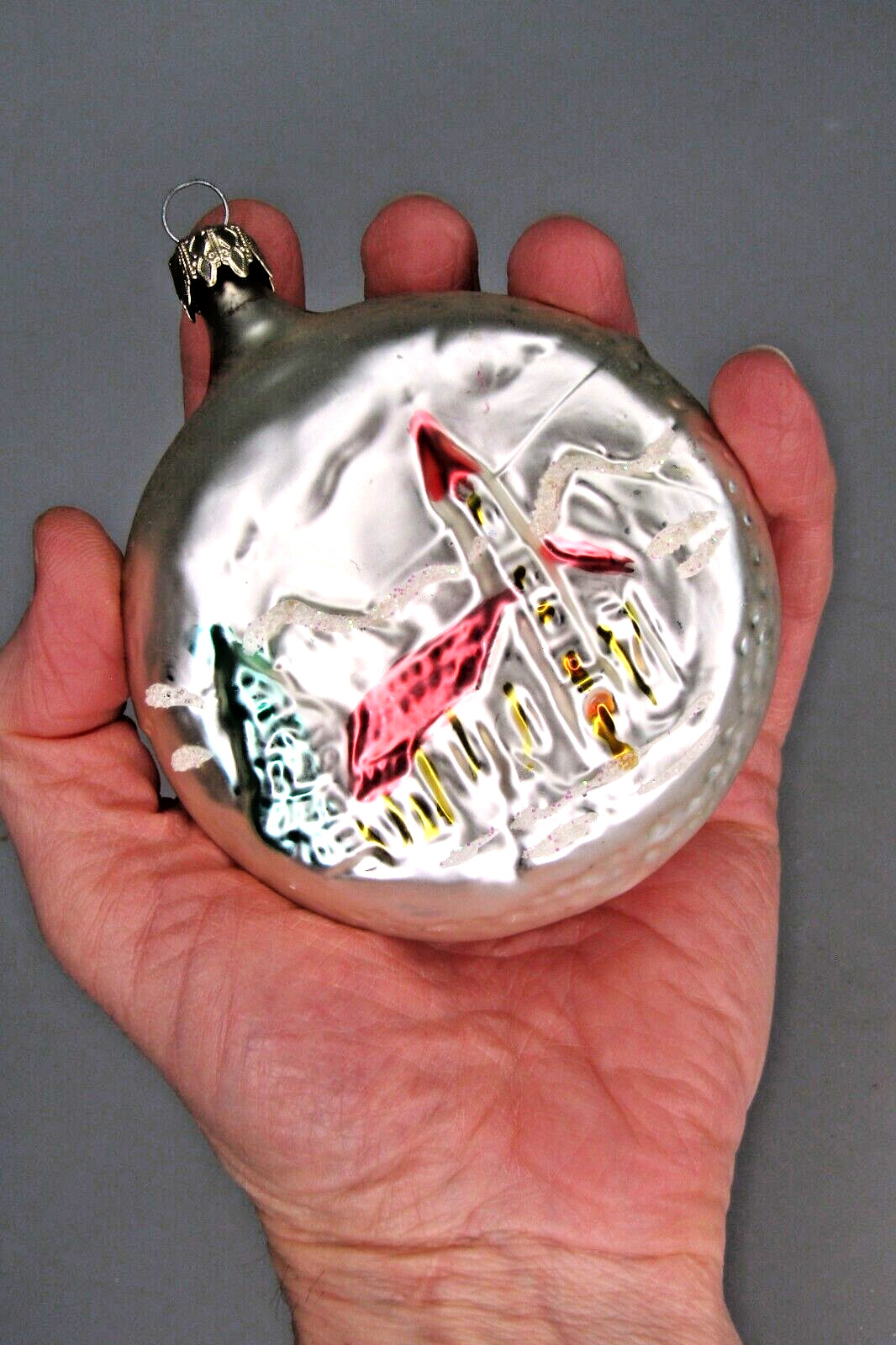 Vintage Blown Glass CHURCH HOUSE Embossed on OVAL Christmas Ornament Germany